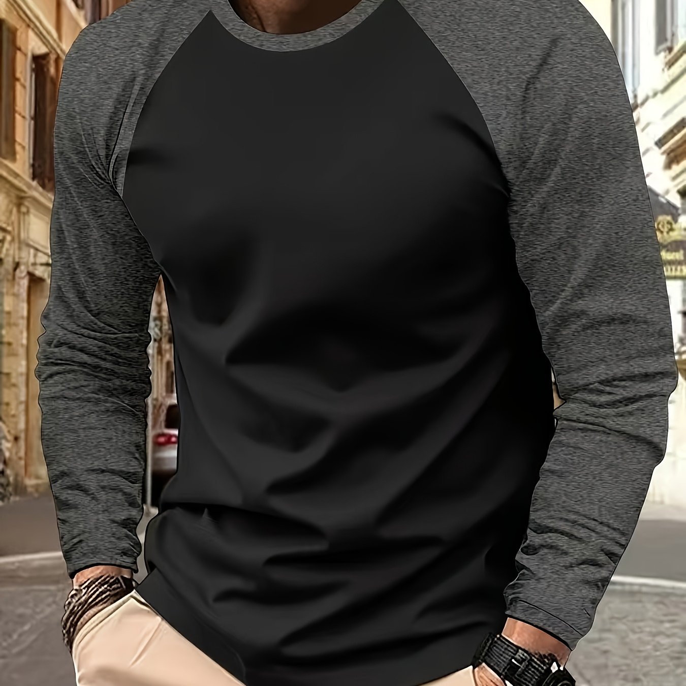 TEMU Men's Fashion Sports Long Sleeve T-shirt - Casual Sporty Design, 100% Polyester, Round Neck, Stretchable - Perfect For Daily Wear And Sports,