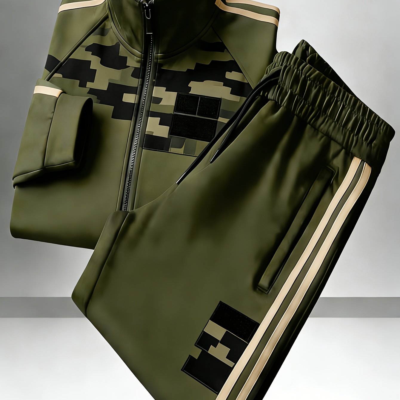 Men's Casual Two-piece Suit Featuring A Polyester Stand Collar And Zipper, With A Easy Printed Design And Loose Fit, Complemented By Side Stripes