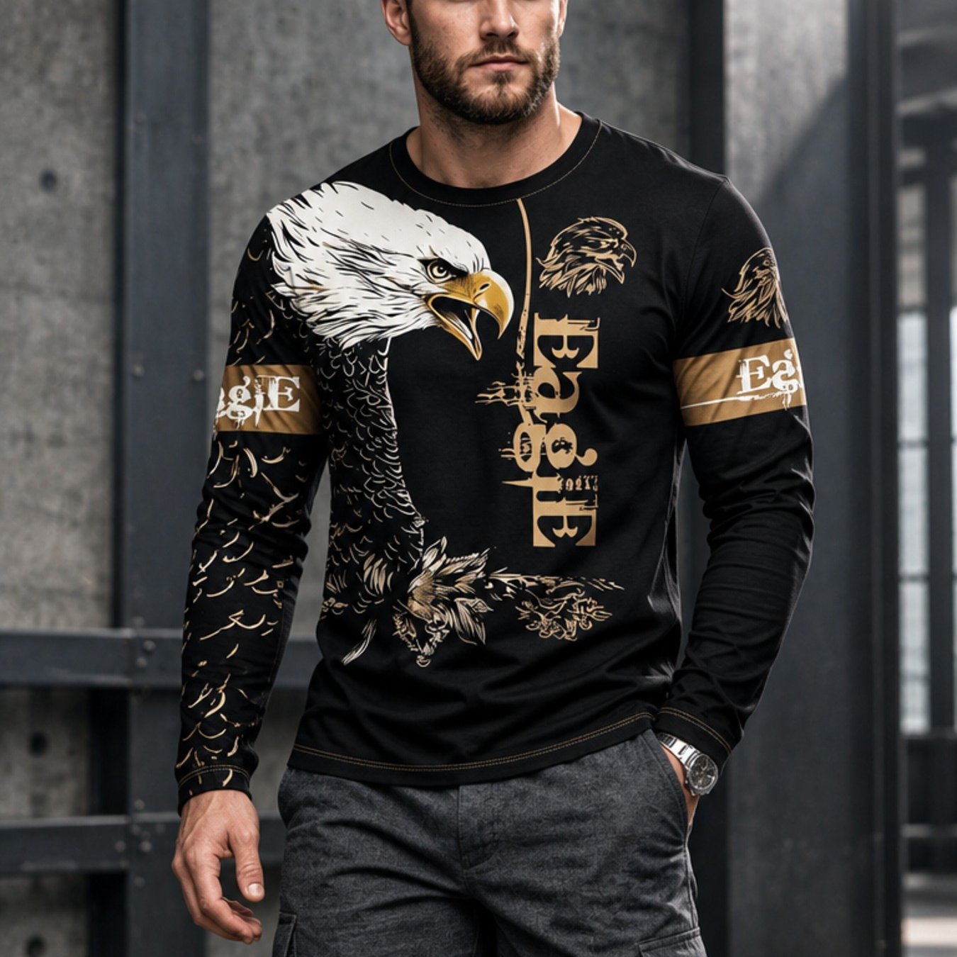 TEMU Printed Design - Not Textured Men's Crew Neck Long Sleeve Sweatshirt, Black With Golden And White Bald Eagle Steller's Sea Eagle Cool Print,
