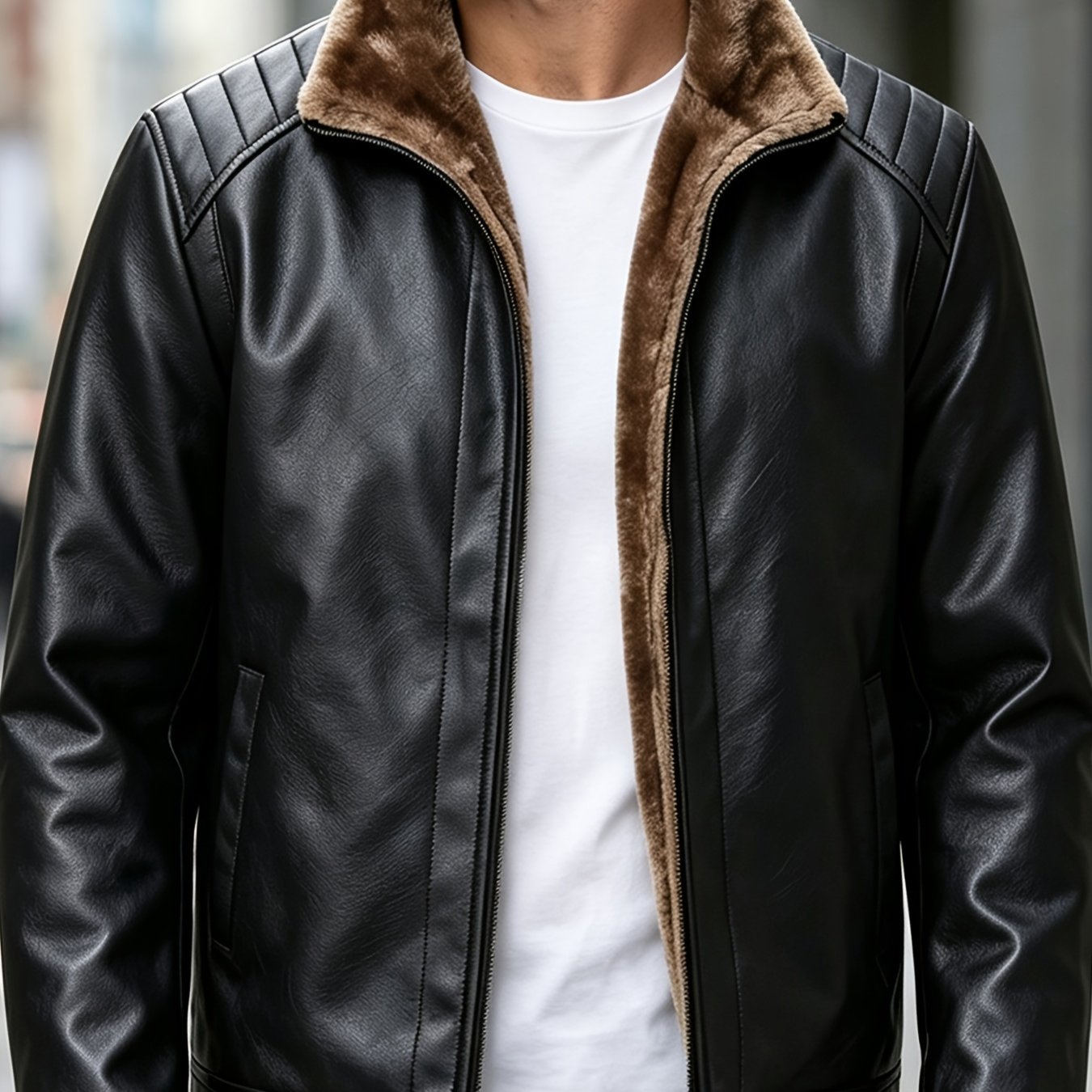 TEMU Diffelement 1pc Men's Fleece-lined Thickened Slim Fit Jacket Warm Windproof Cold-resistant Pu Scratch-resistant Wrinkle-resistant Plush Lining