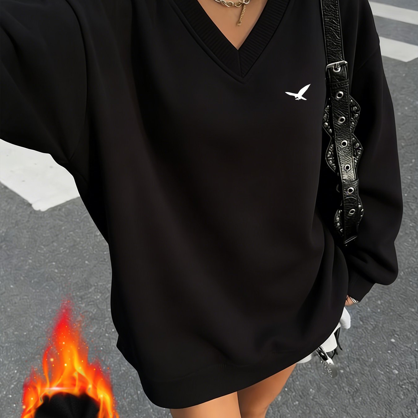 TEMU Popular Winter Essential: Simple -lined Warm Sweatshirt For Outerwear, Featuring A Fashionable V-neck Design And A Comfortable, Soft, Loose Fit