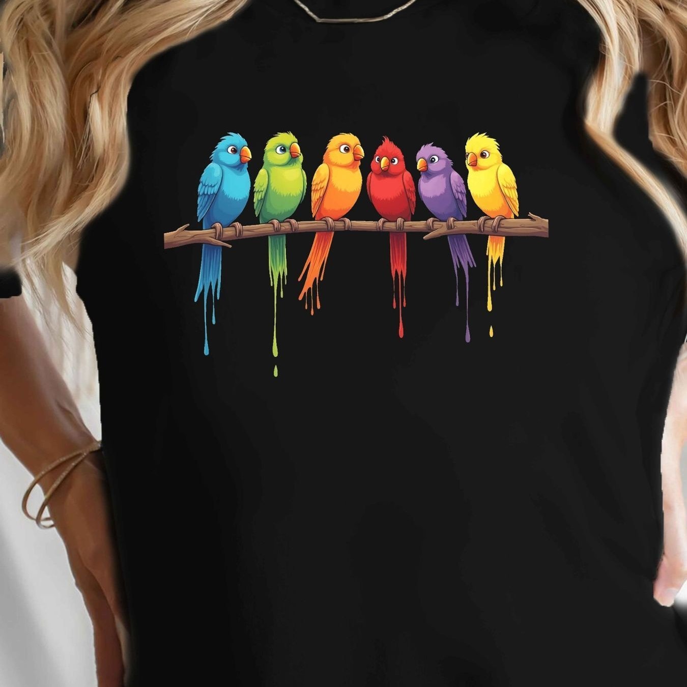 TEMU Plus Size Colorful Parrots Perched Black Crew Neck With Vibrant Paint Fun And Artistic Summer Top For Bird Lovers And Casual Wear - Unisex
