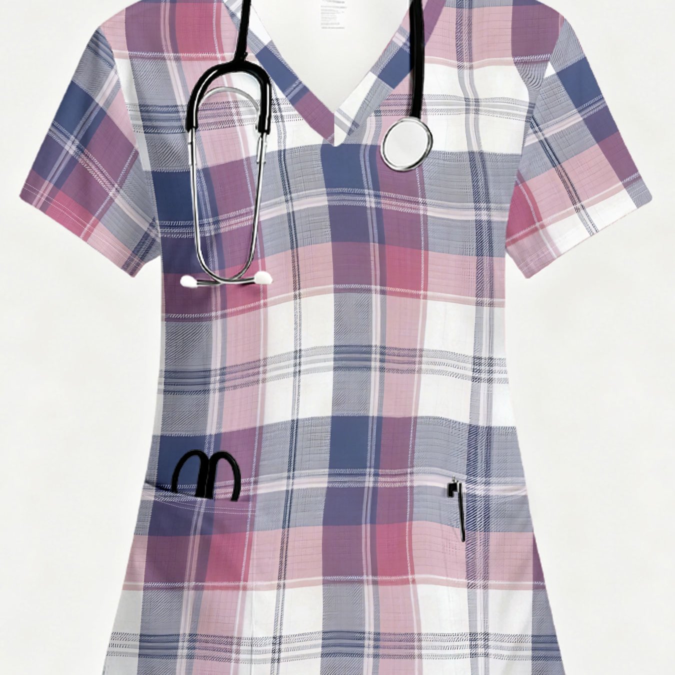 TEMU Haut de blouse médicale à carreaux rose/bleu/blanc pour femme avec col en V et manches courtes et poches - Chemisier d'uniforme doux adapté aux