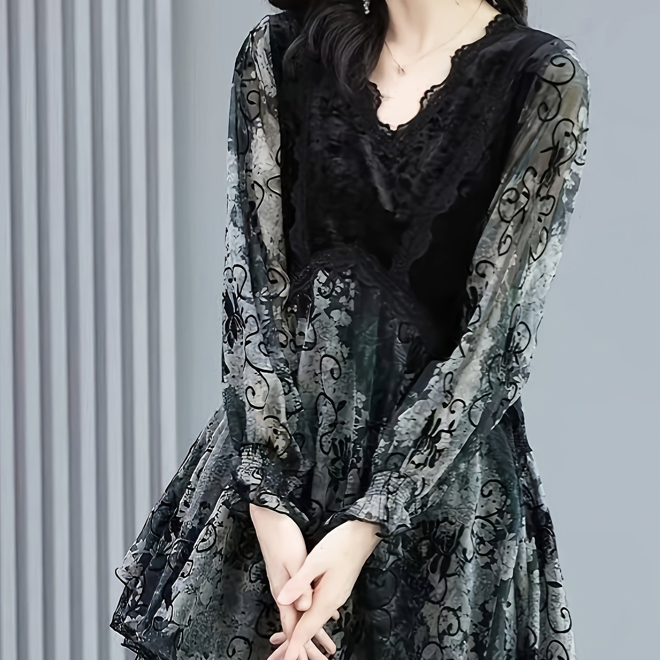 TEMU Autumn Winter Velvet Lace Trendy V-neck Temperament Dress Women's