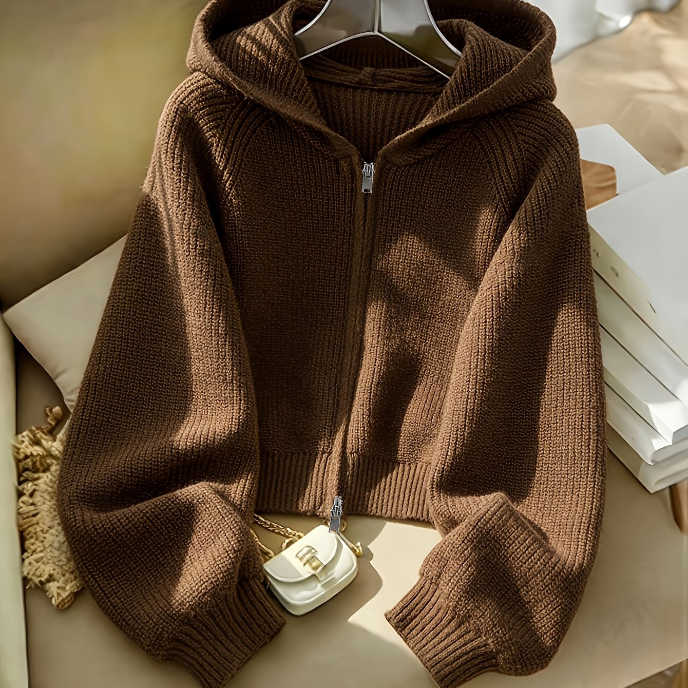 TEMU Solid Color Easy Casual Double-opening Zipper Hooded Sweater Cardigan, Autumn Versatile Temperament Short Sweater Sweatshirt 2026 New Women's