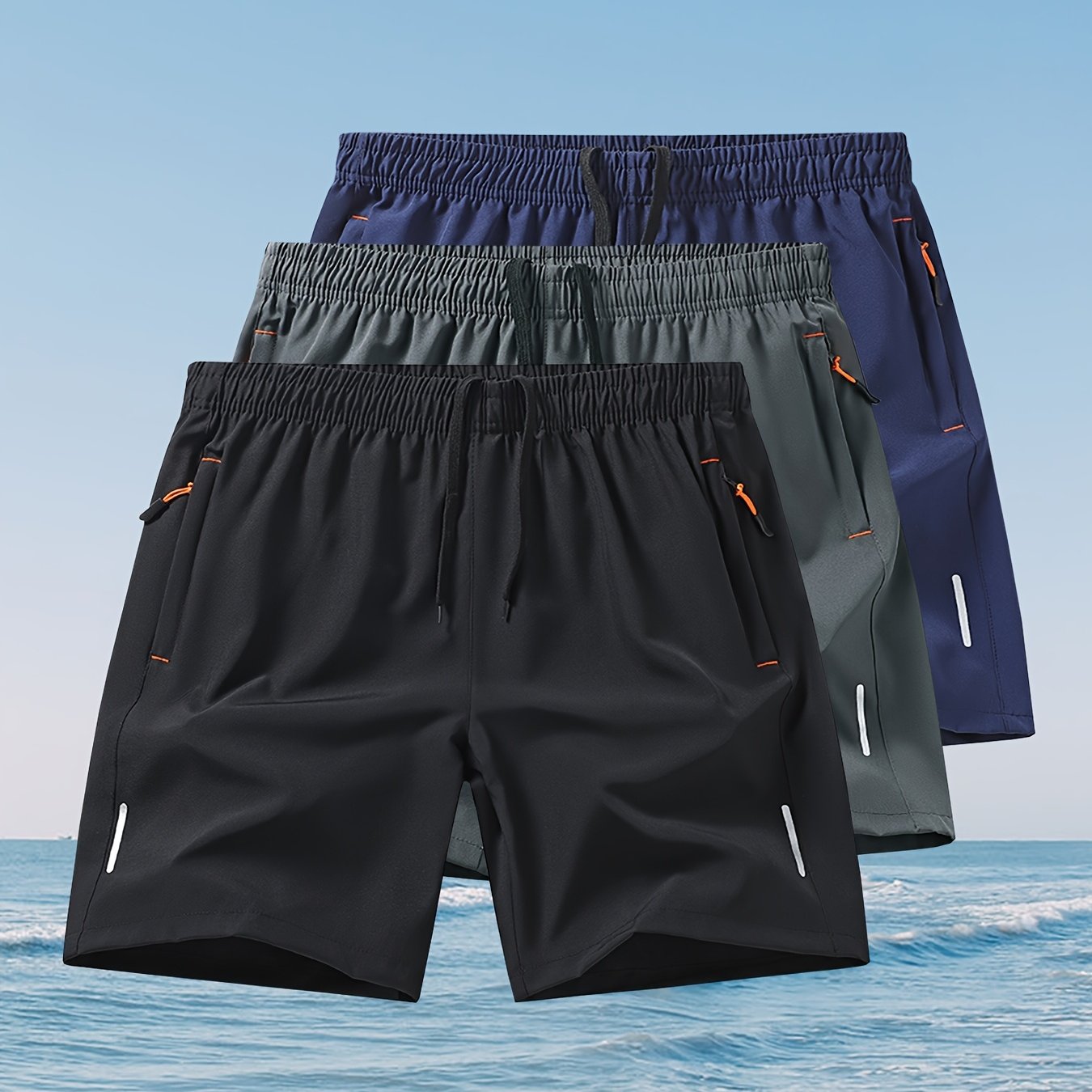 TEMU 3-pc Men's Outdoor Sports Casual Shorts, Solid Color Printed Zipper Pocket Shorts, Breathable Quick-dry Athletic Shorts