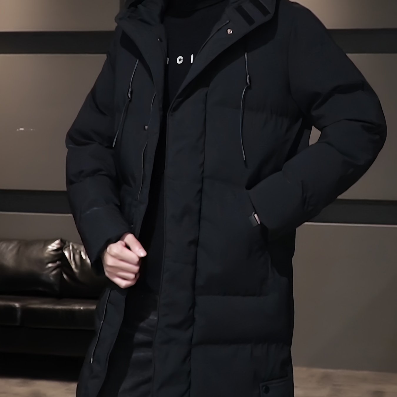 TEMU [ Obm] Men's Casual Long Jacket - Fashionable And Versatile, Solid Color Loose Hooded Coat, Thickened Long Design, Cold-proof Warm Windproof,