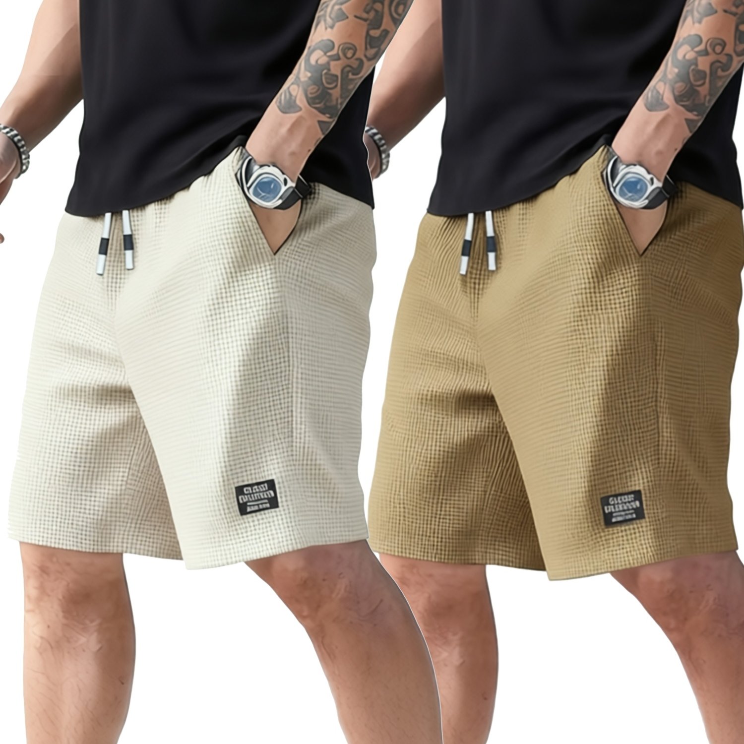 TEMU Pantaloncini Sportivi Casual in Tessuto Waffle Weave, 2 Pezzi Set . Design con Vita Regolabile a Coulisse, Realizzati in Tessuto Poliestere con