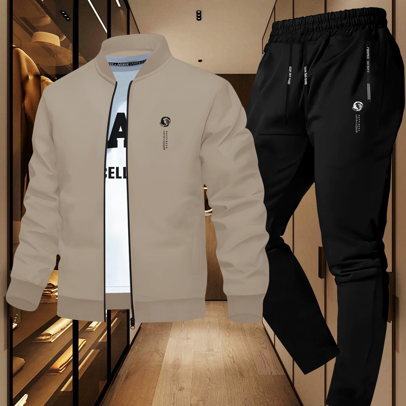 TEMU Japanese-style , Casual Men's Suit, Spring And Autumn Easy Matching, Two-piece Round Neck Jacket And Long Pants, Travel, Trendy