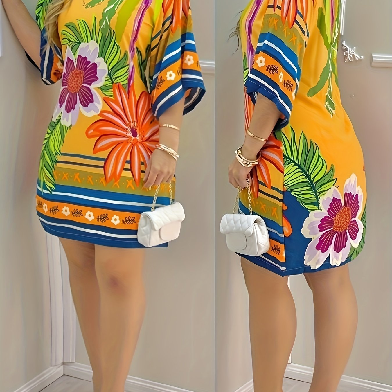 E-shop Damen Rundhals Tropical Bedrucktes Kleid mit halbem Ärmel, Lässiges Kleid im brasilianischen Stil