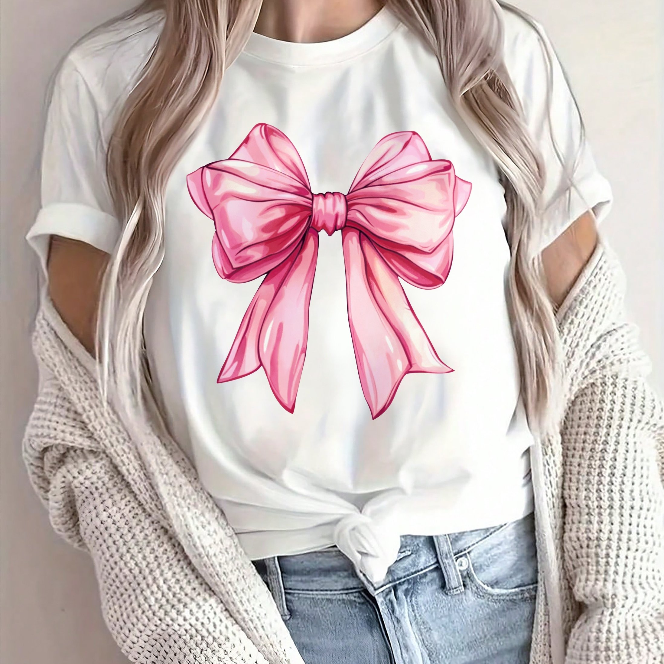 women's casual short sleeve t shirt elegant pink bow graphic