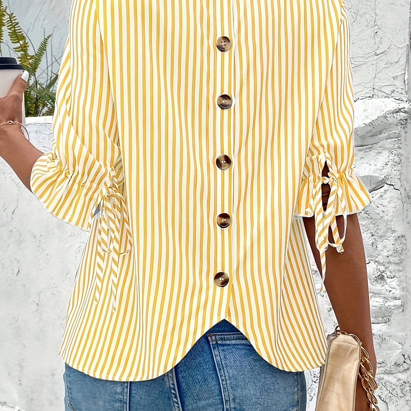 Image of Fashionable Striped Printed Round Neck Shirt, Elegant Half Sleeved Back Shirt, Women's Clothing