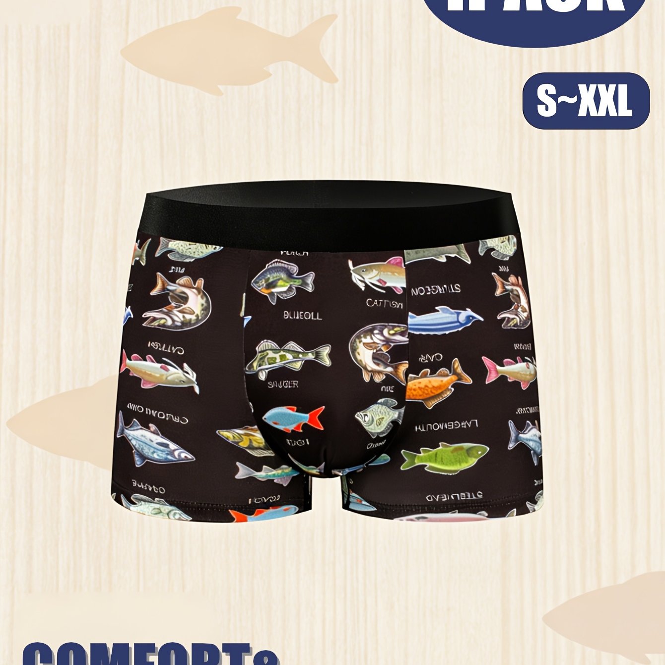 TEMU 1pc Men's Boxer Briefs - Stretch Underwear With Printing Design, Non-see-through Fabric For Gym, Beach, Fishing - Everyday & Special Occasion