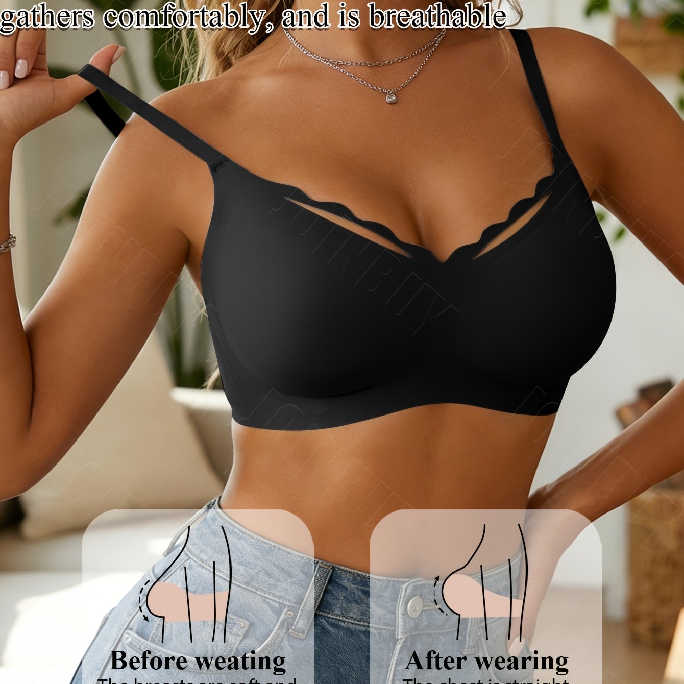 Image of 1pc Women's Fashion Wavy Lace V-neck Jelly Bra With Removable Pads - Fabric, Adjustable Non-slip Straps, Anti-sagging And Side Support Bra, Suitable For Outdoor Sports And Casual Top Wear