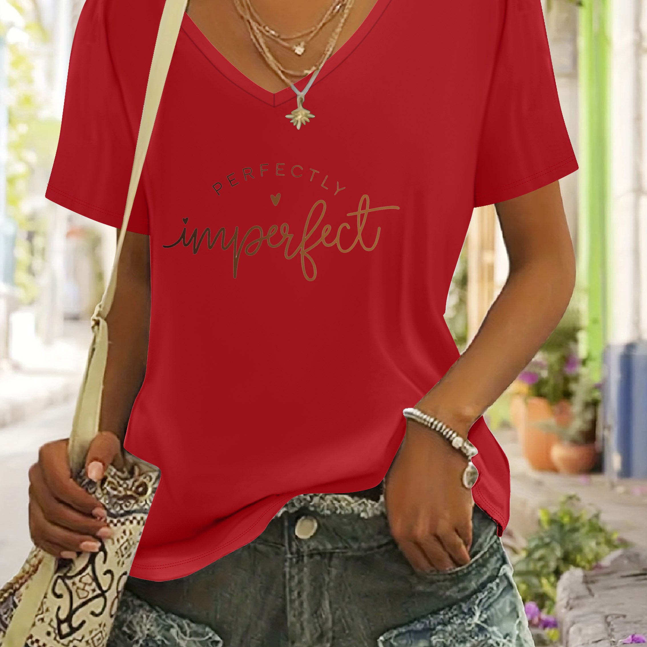 TEMU Dj260317101 Women's Spring And Summer Fashion Casual Short-sleeved V-neck T-shirt, Easy Letter Love Print Design, Daily Commuting Comfortable
