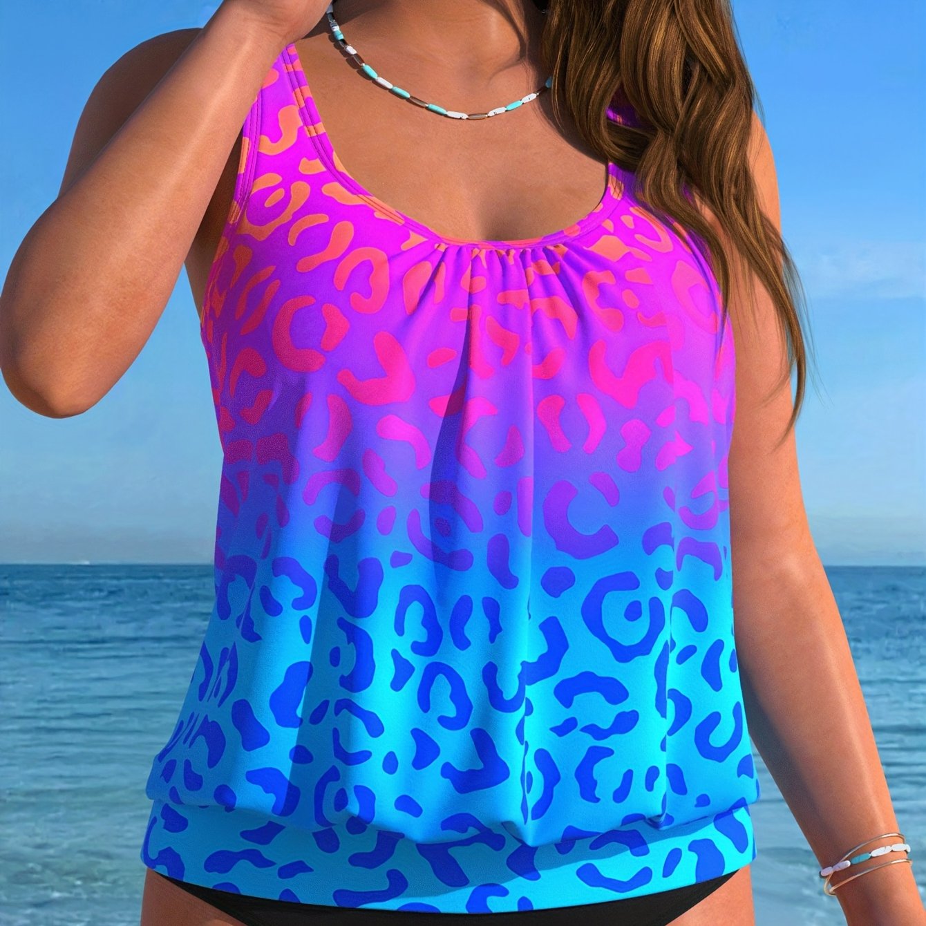 New Plus Size Gradient Color Leopard Print 2pcs Swimsuit, Women's Split Tankini Swimwear, Essential For Beach Vacations
