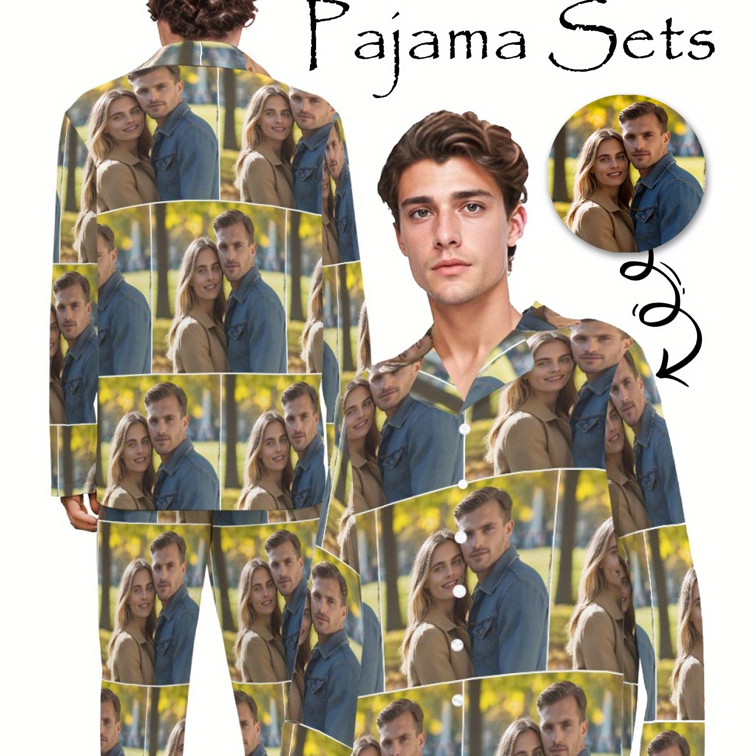 TEMU Men's Pajamas Loungewear Set, Lapel Collar Long Sleeve And Long Pants Set, Casual Set, Suitable For , Custom Gift, Plus Sizes S-3xl, Group Photo