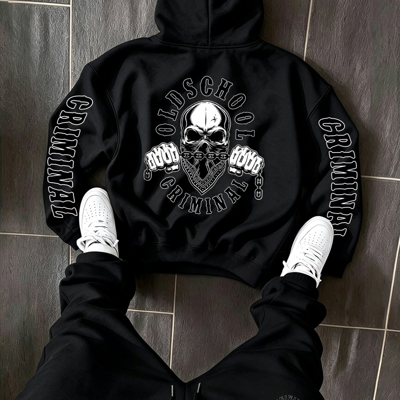 TEMU Men's Hooded Sweatshirt And Jogger Pants Set, Hooded Drawstring Casual Sportswear 2pcs Set, Comfortable White Skull Old School Sleeve Letter
