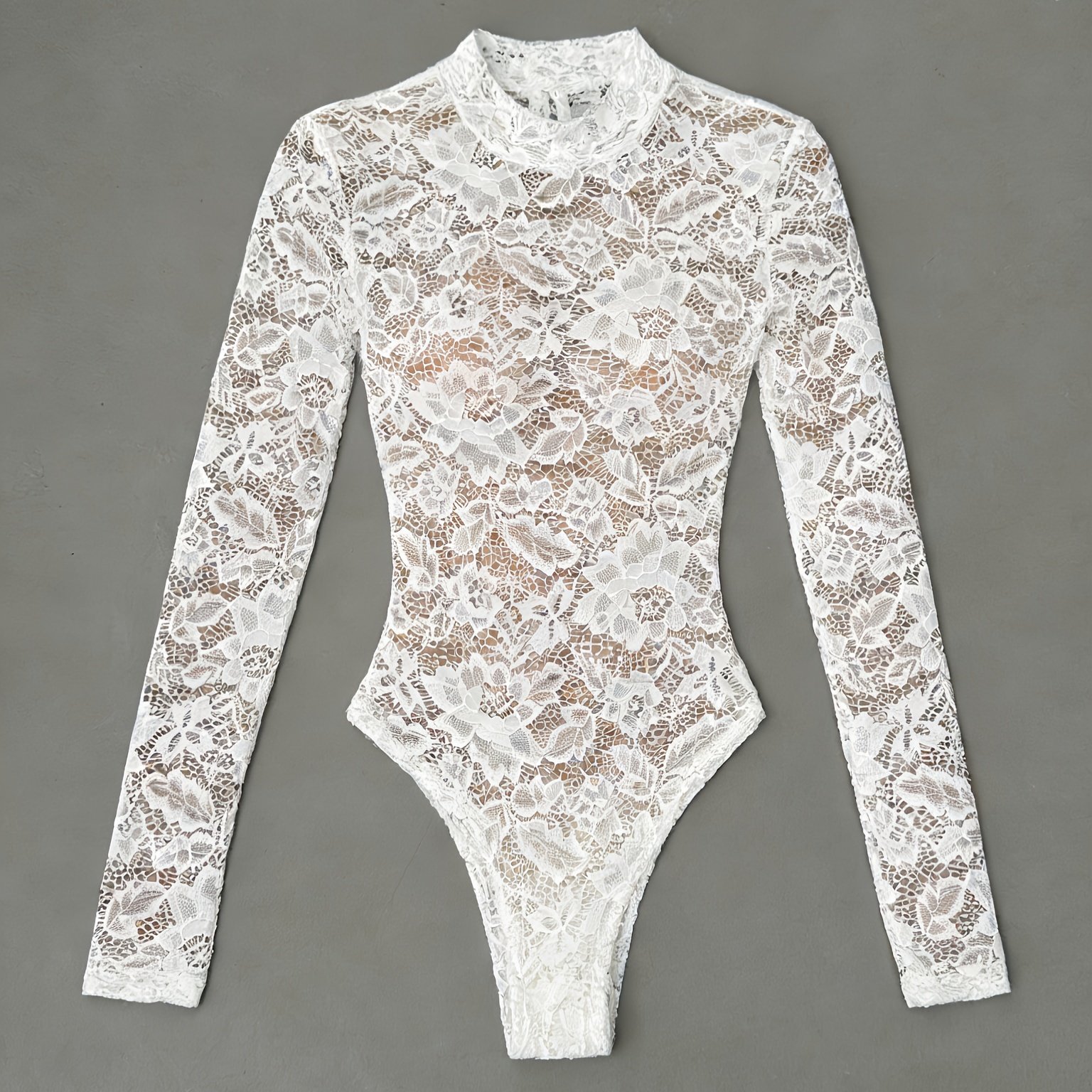 TEMU Body en dentelle sexy à manches longues pour femmes - Col , manches longues, extensible, couleur unie, parfait pour les festivals de musique et