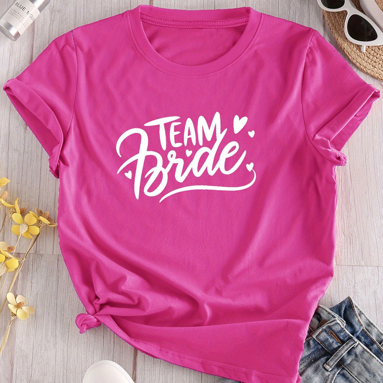 TEMU Women' Bride Letter Print T-shirt - Soft Polyester Round Neck Short Sleeve Top, Machine Washable & Breathable, Multiple Colors For Bridal