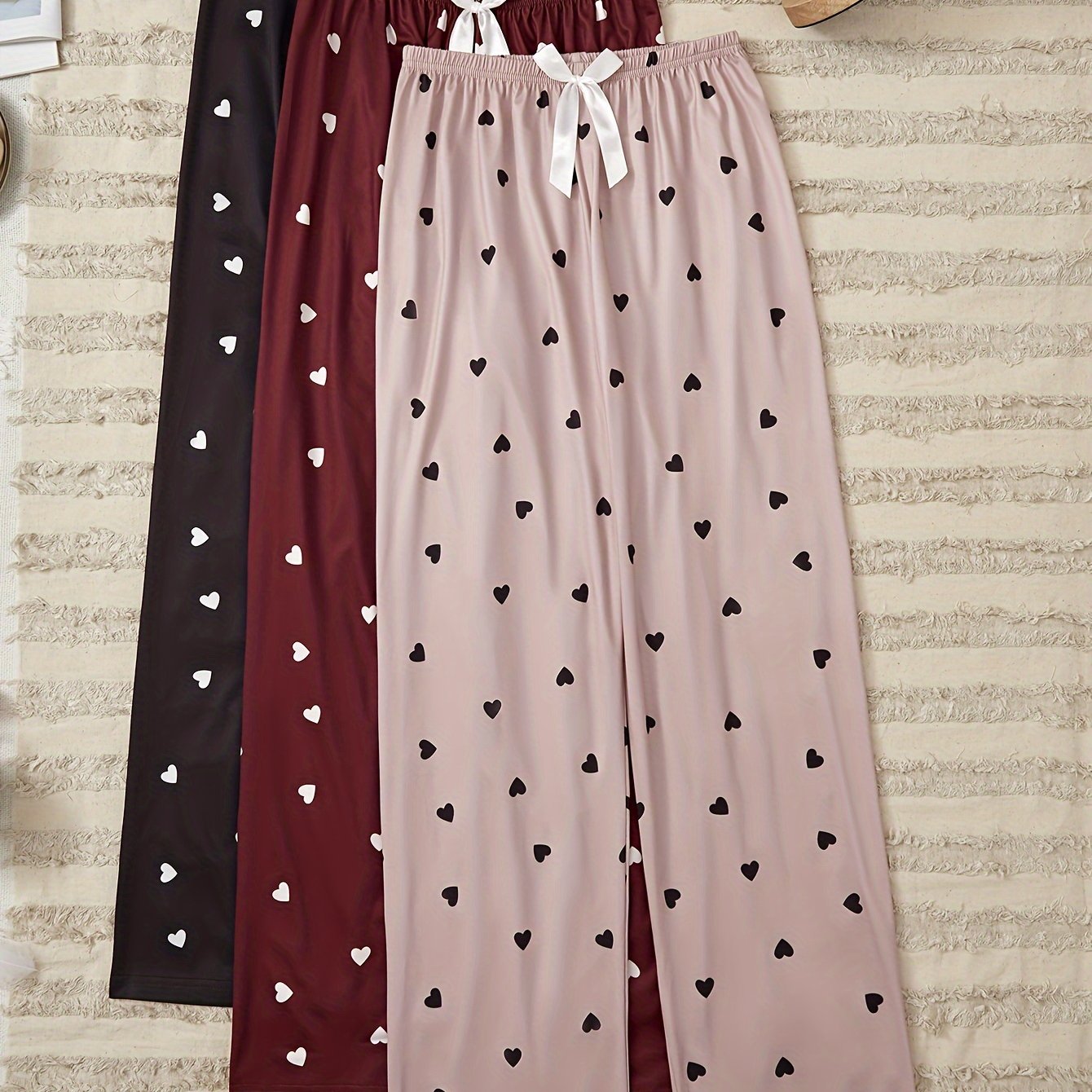 TEMU 3 Pcs Allover Heart Print Pajama Bottoms, Bow Slight Stretch Pants, Women's Sleepwear