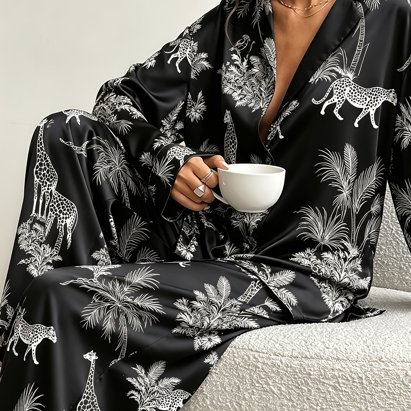 TEMU Pyjama pour femme en satin à et imprimé animalier, imprimé et léopard + plantes , haut à manches longues et col en V + pantalon légèrement à