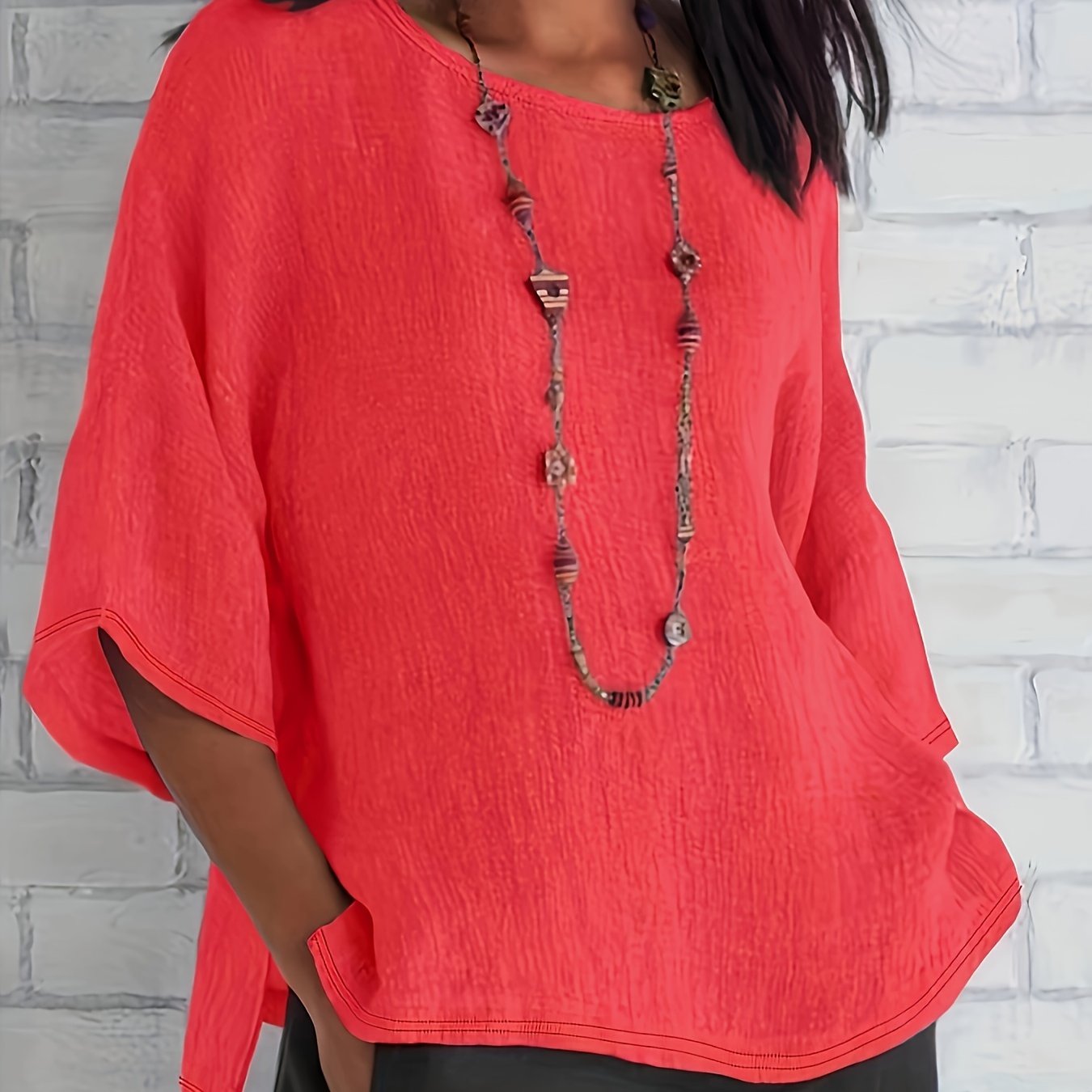Plus Size, New Plus Size Women'-quarter Sleeve Round Neck Top