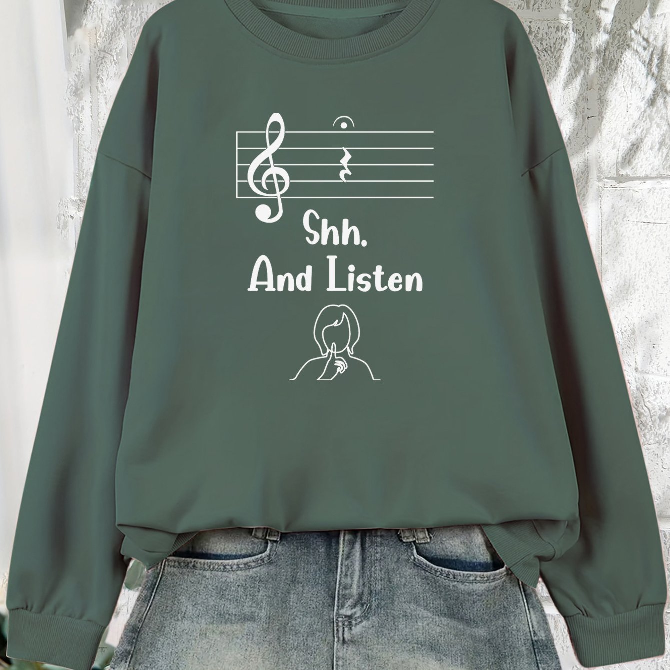 TEMU Women's Casual Crew Neck Sweatshirt, Geometric Music , 100% Polyester Knit Fabric, Stylish Fall/ Top, 250gsm - In Pink, White, Brown