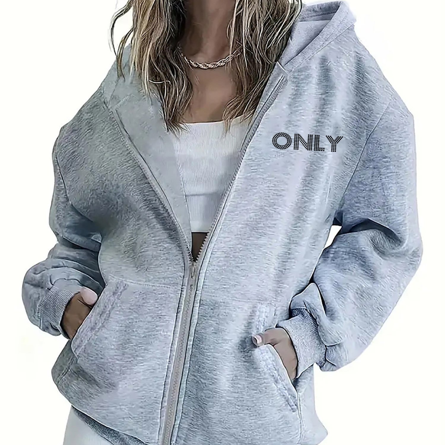 E-shop ONLY Damen Strickjacke-Sweatshirt mit Reißverschluss im europäischen & amerikanischen Stil mit grafischem Aufdruck – Sportlicher Freizeitstil,