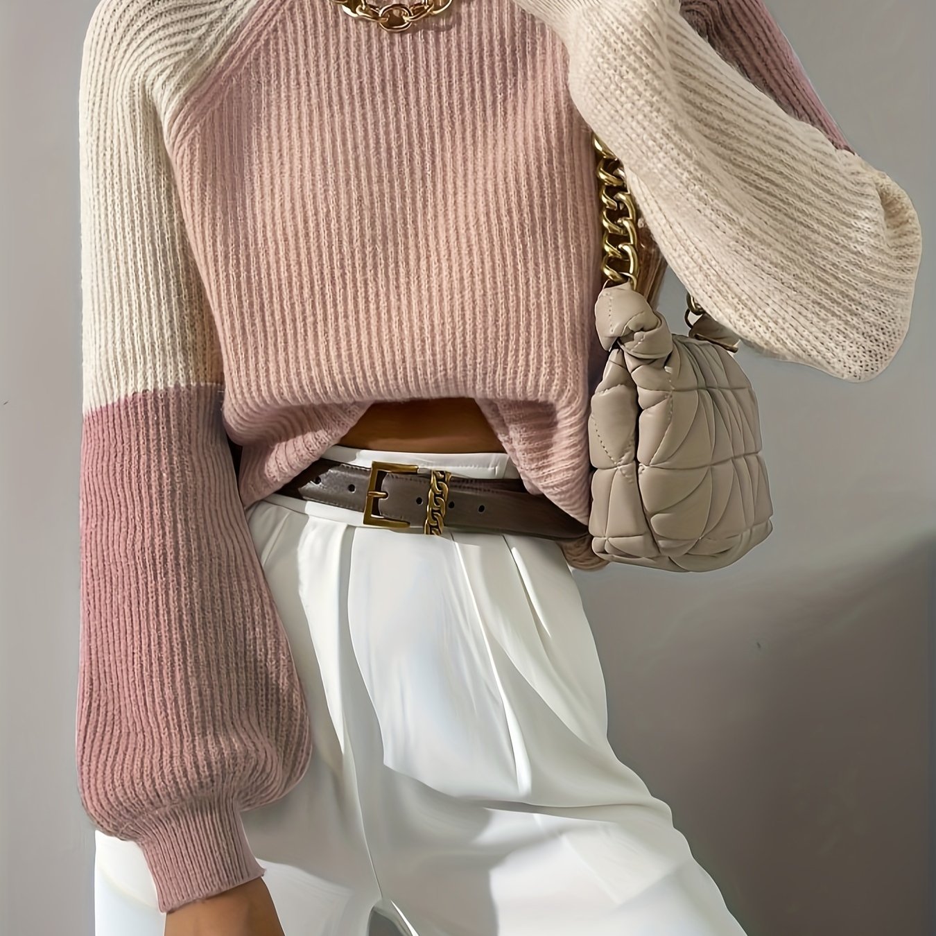 Ladies' Contrast Color Block Ribbed Crew Neck Pullover Sweater