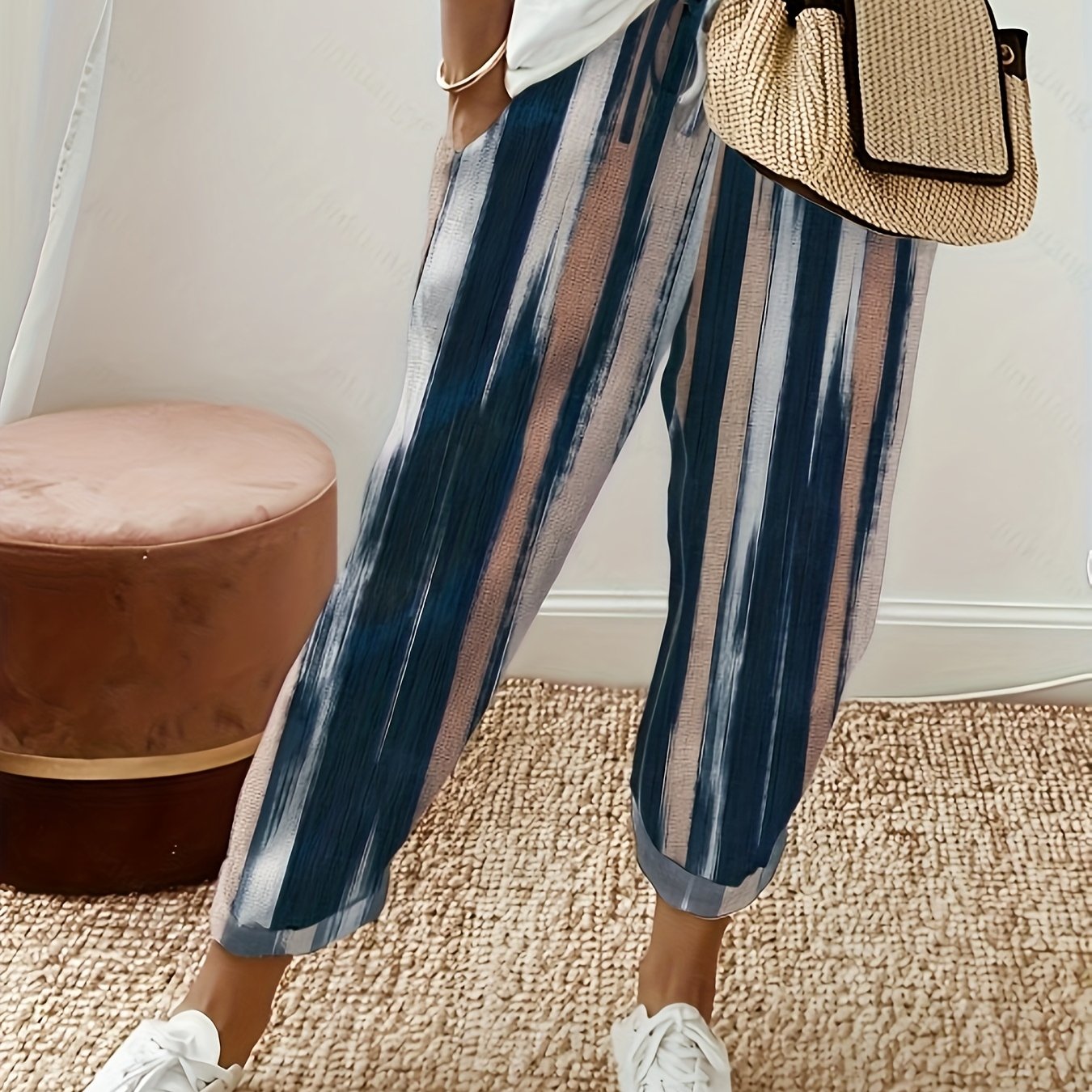 Image of Women's Fashion Casual Colored Weave Front Bow Vintage Versatile Ankle Pants-0482