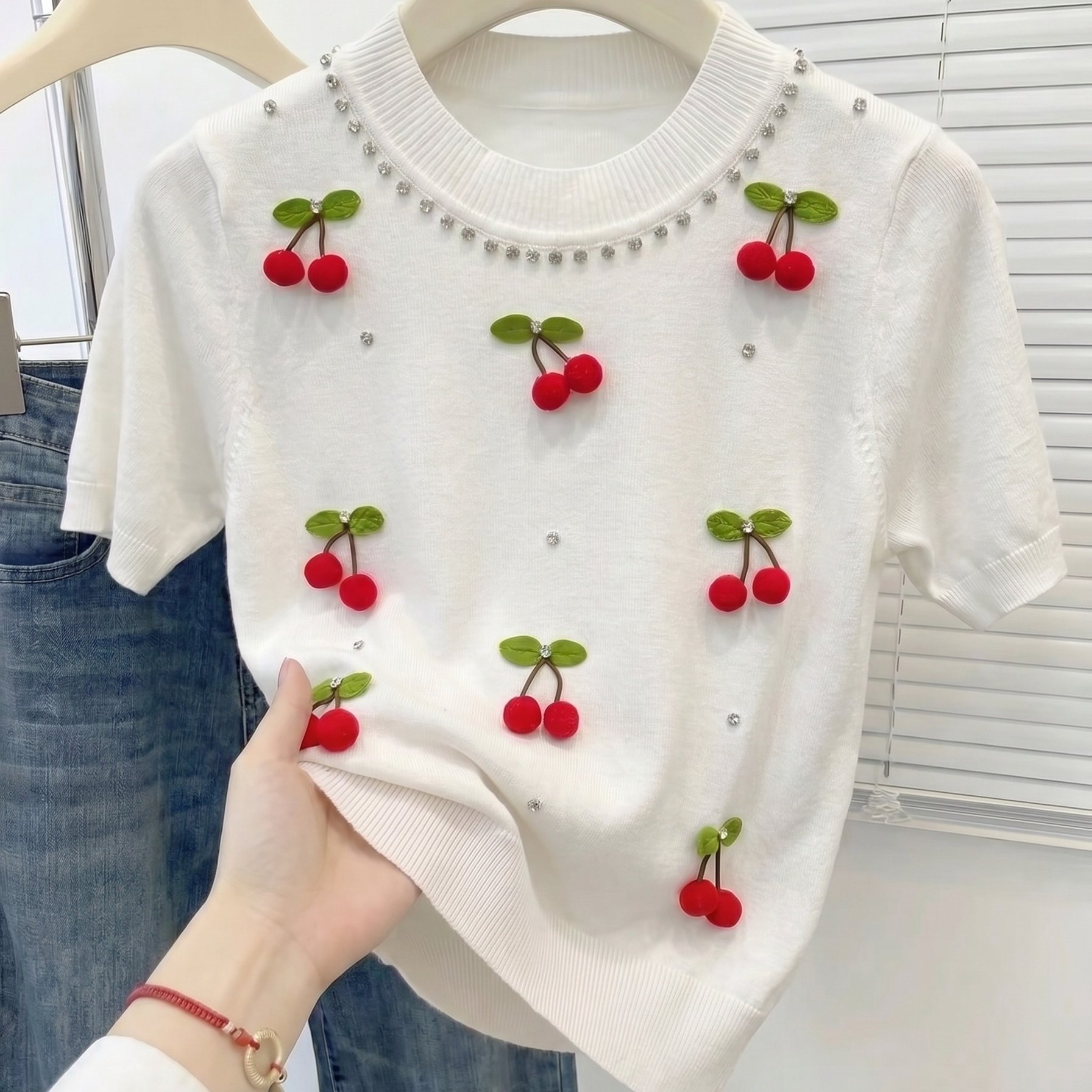 TEMU Nouveau pull à clous cerises et strass pour femme, printemps/été, pour intensifs