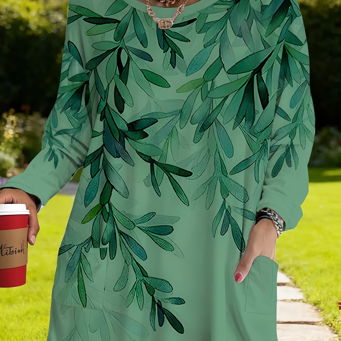 TEMU Plus Size, Dancing Green Branches Forest - Long Sleeve Plus Size Women's T-shirt With Dual Pockets, Round Neck, Niche Art