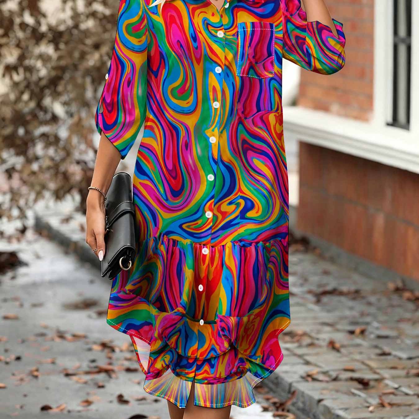 Image of Plus Size Women's Psychedelic Marble Oil Painting Print Shirt Dress, Button- Collar, Aline Mid-length With 3/4 Sleeves, Button- Collar And , Artistic Bohemian Style Shirt Dress With Chest