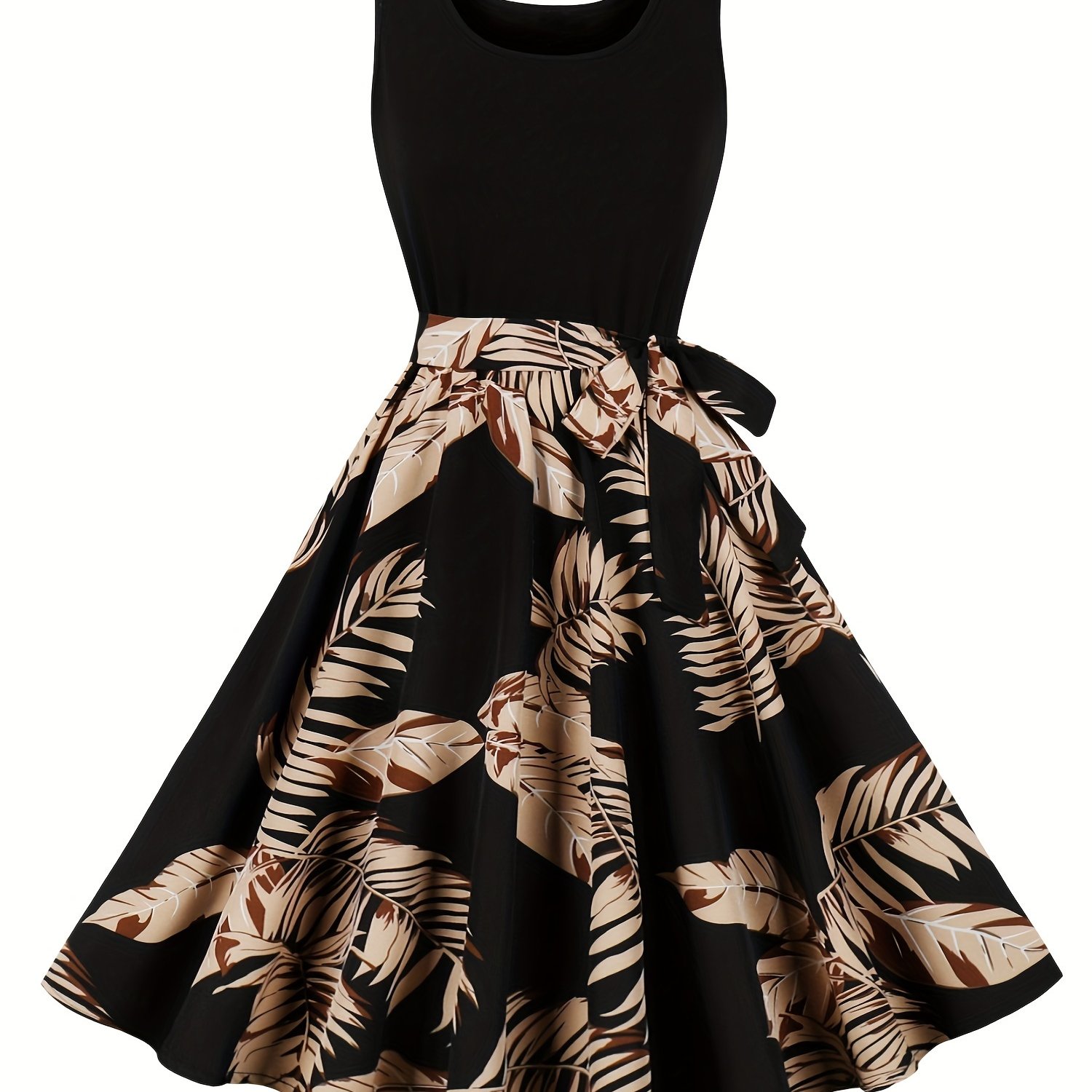 Image of Floral Print Belted Pleated Dress, Elegant & Vintage Sleeveless Splicing Dress For , Women's Clothing