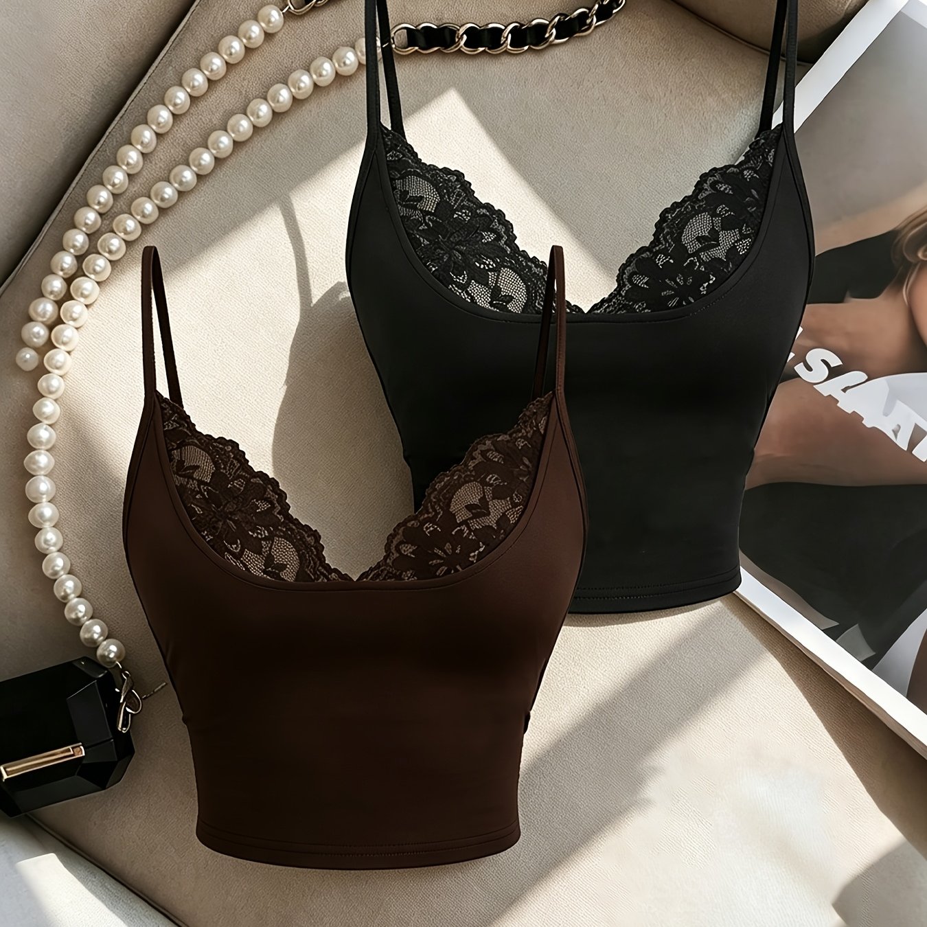 TEMU Women's 2pcs Set Sexy Lace V-neck Camisole Vest, Sleeveless Backless Short Top, Suitable For Spring Summer Fall