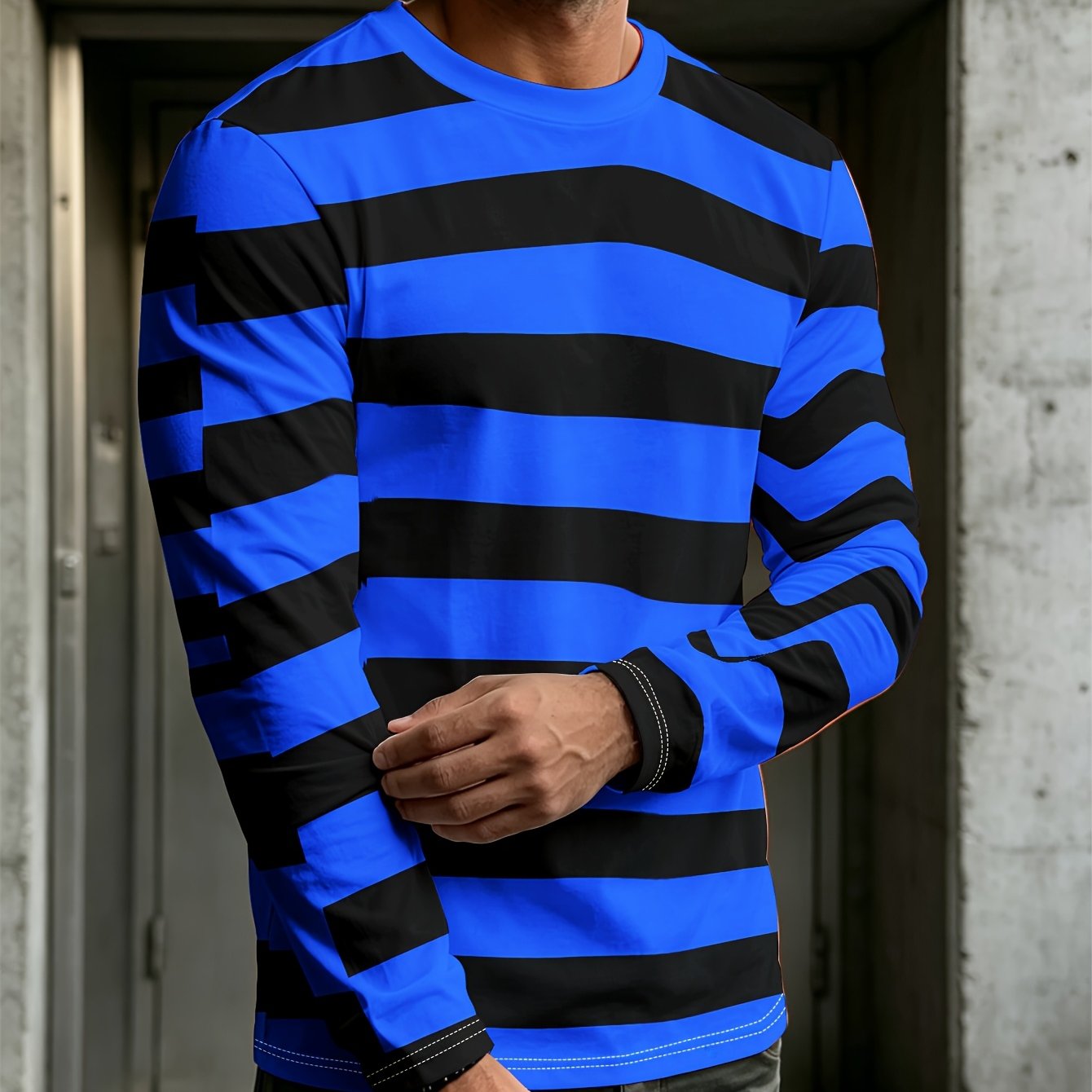 TEMU Men's Individual Trendy Brand Long Sleeve T-shirt, Black And Blue , Easy And Clear Overall - Street Style Full, Highly Artistic Full Print