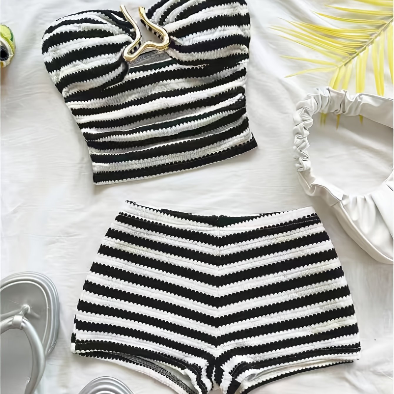 TEMU Women's Slim Fit 2pcs Set, Black And White Striped Bandeau With Metal Hollow-out Short Top And High-waist Shorts, Suitable For Summer , Dates,