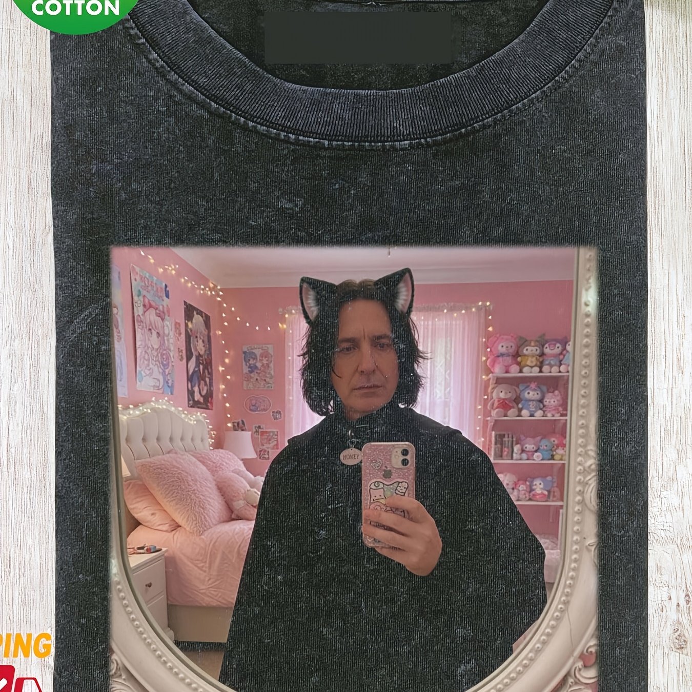 Image of Cat Ear Snape Selfie Washed Men's T-shirt, 230g Pure, Men's Summer Clothing, Vintage Distressed Style, Men's Gift, Casual Outing And Vacation