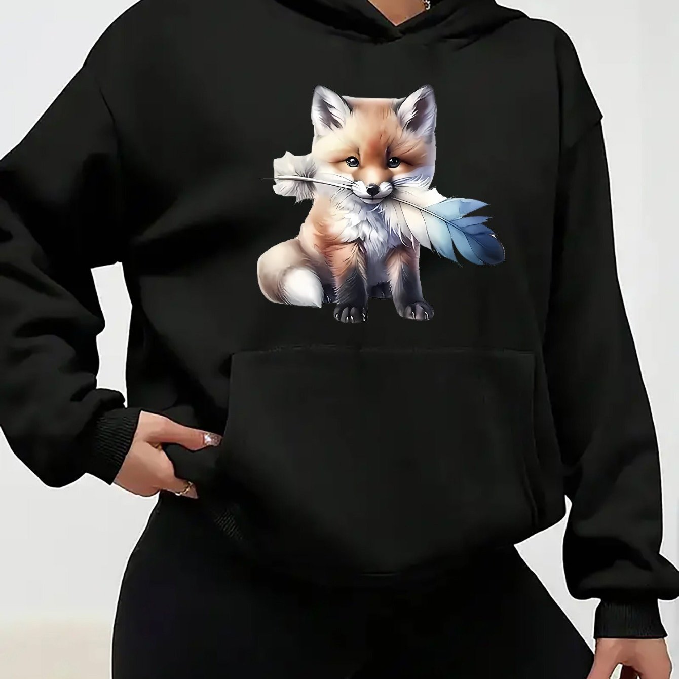 Image of Casual Hoodie For Women Featuring An Adorable Fox Design - Made From Comfortable, Slightly Stretchy Material, This Long-sleeve Pullover Is Ideal For Autumn And Winter, Wear