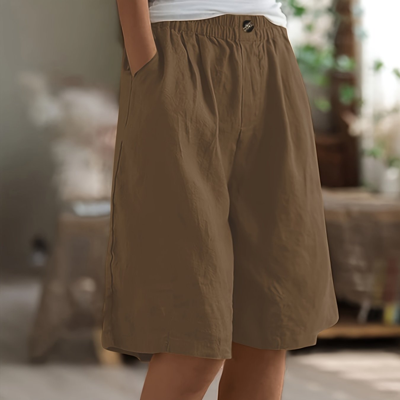 BEIGAI Damesshorts, zomer, linnen, hoge taille, shorts met zakken, Kaki, XL