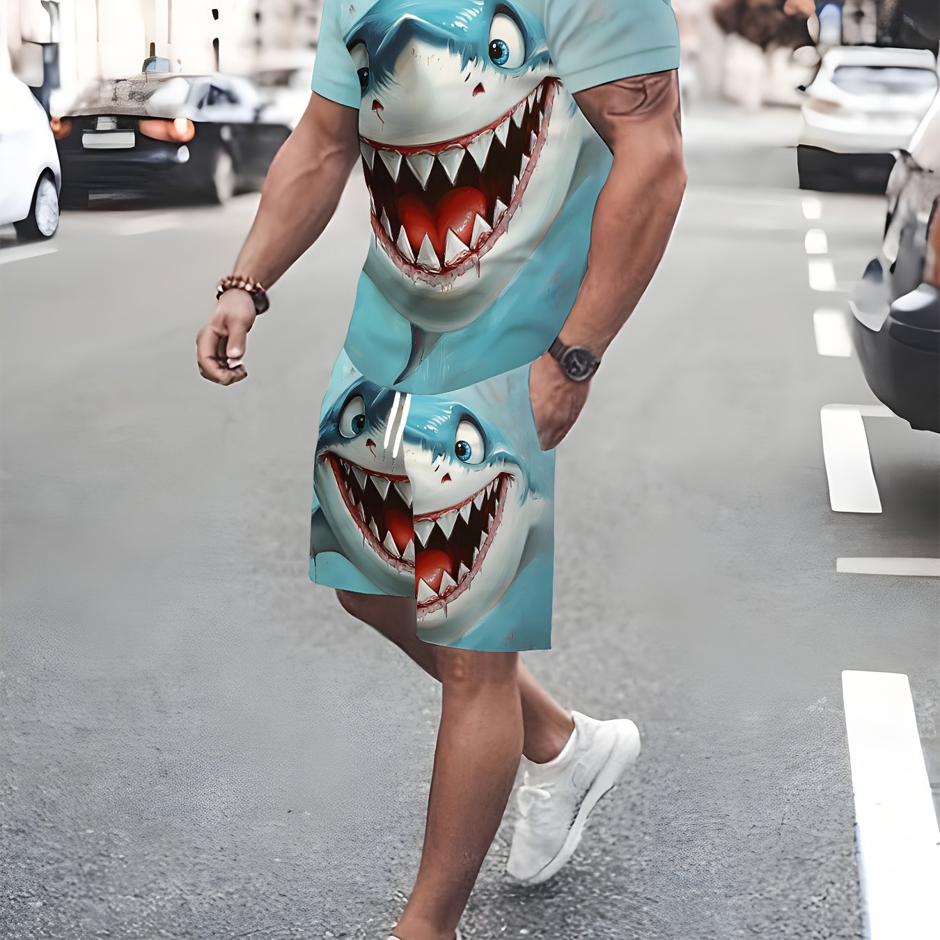 TEMU Men's Short-sleeve T-shirt With A Pattern Print Plus Drawstring Casual Shorts Set, A Two-piece Outfit For Sports And Ocean Blue