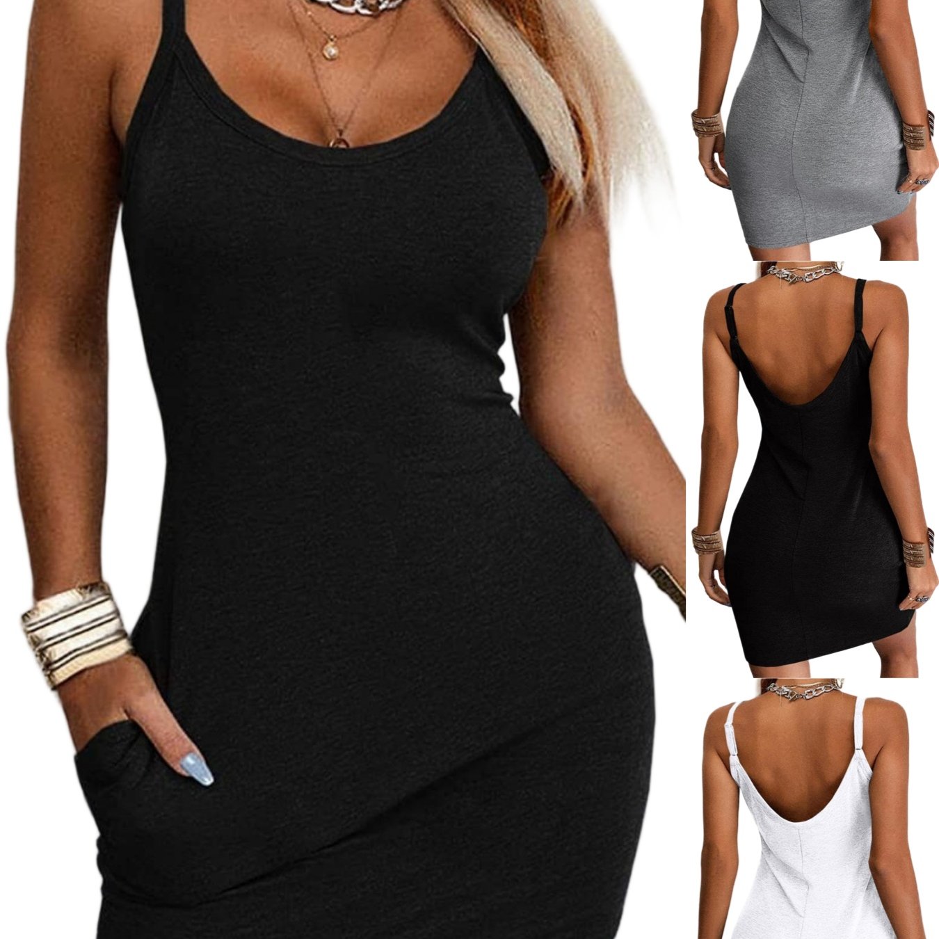 Casual Sleeveless Summer Dresses For Women With Spaghetti Straps, Basic Solid Cami Short Tank Style