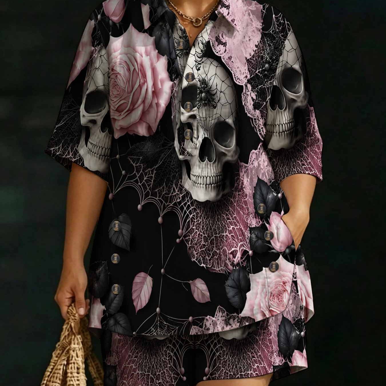 Image of Plus Size, Plussize Women's Twopiece Floral Skull , Bohemian Aesthetic Gothic Summer Casual Pocket Shirt And Shorts Set, Unique Artistic Fashion Matching Outfit.