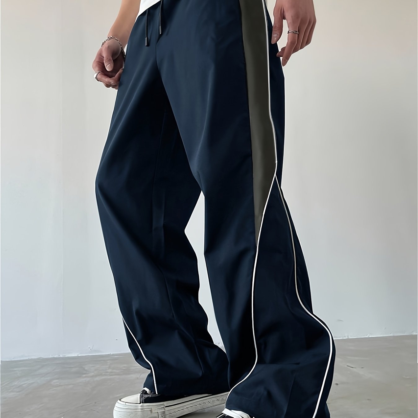 TEMU 1pc Men's Wide-leg Straight-leg Pants With Elastic Drawstring Waist - -block Casual Trousers, Straight-cut For Spring/fall, Machine Washable