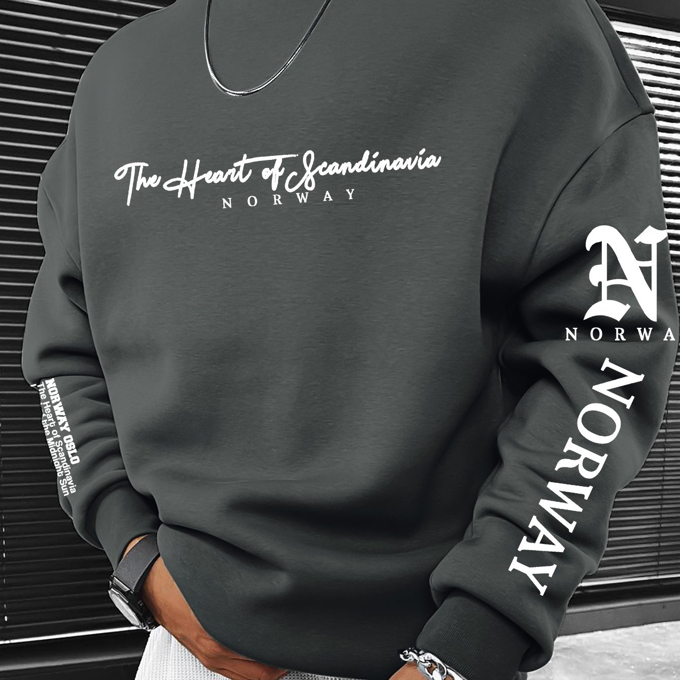 Men's Cultural Style Crewneck Sweatshirt With " Of Scandinavia Norway" Print, Perfect For Casual Wear And Autumn/winter , Machine Washable