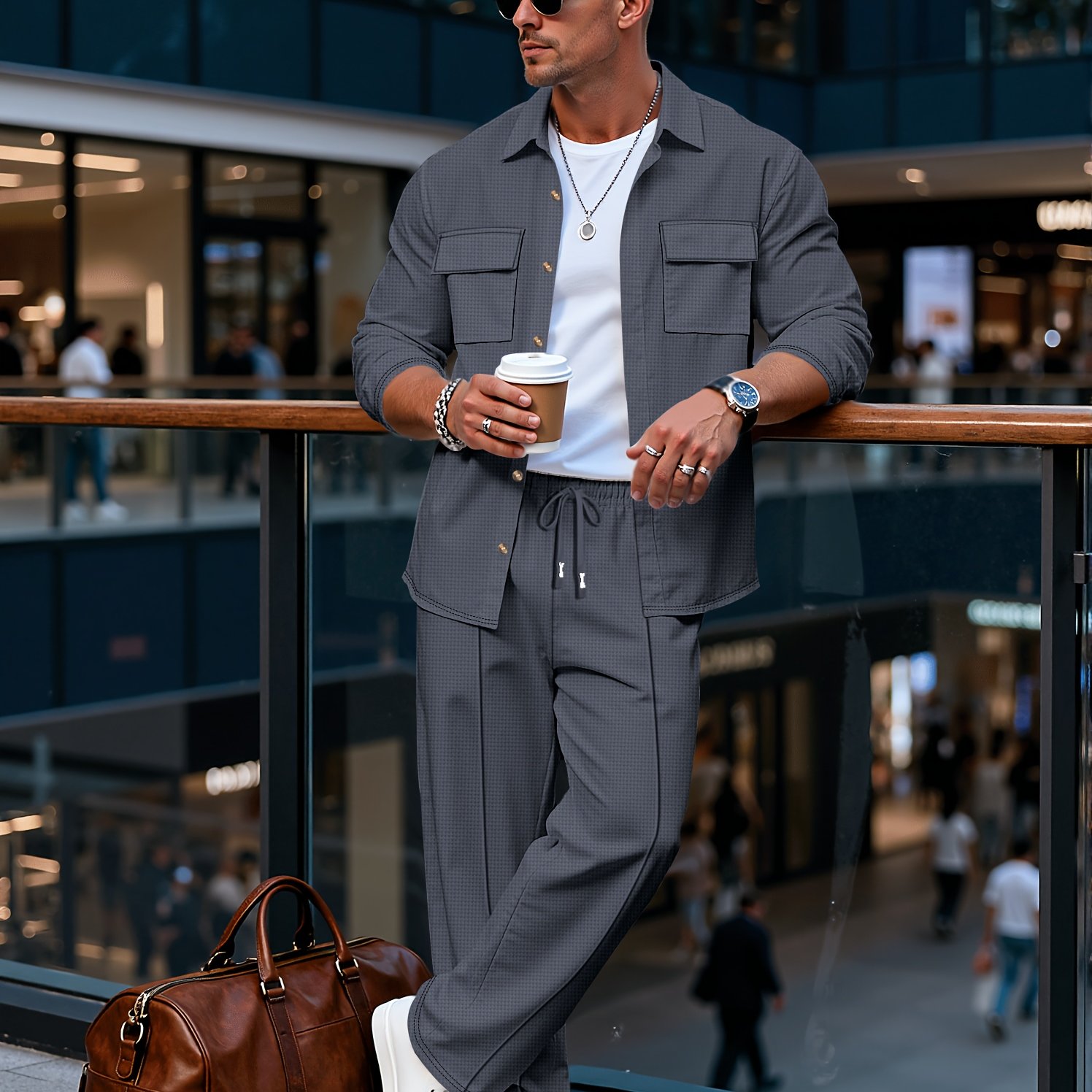 Men's Cardigan Jacket With Spring And Autumn Style And Lapel Trendy Waffle Style Casual Pants Outdoor Versatile Men'-piece Set