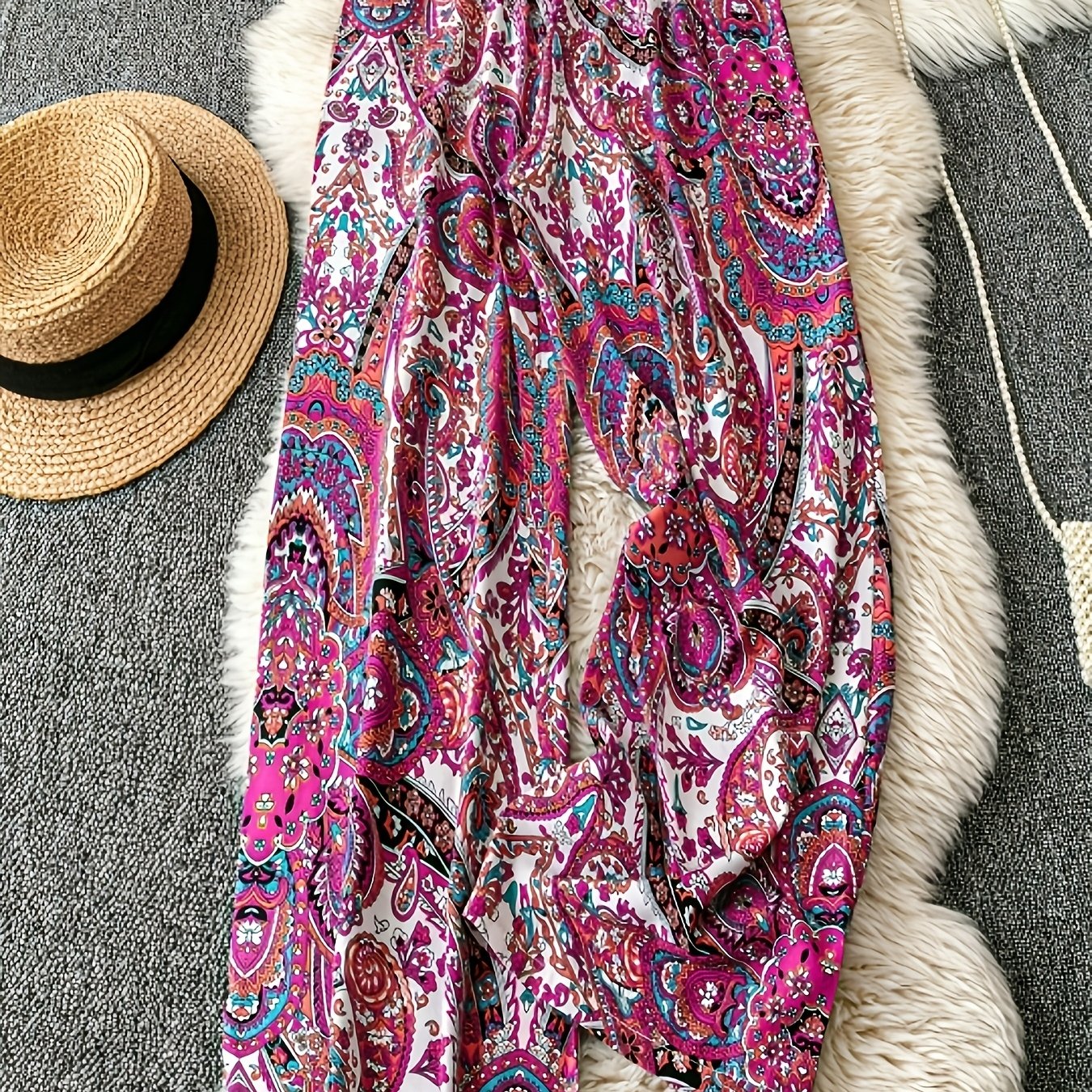 TEMU New Plus Size Spring/summer Fashion Bohemian Style Vacation Print Wide-leg Pants, Summer Lightweight Loose Straight-leg Trousers, Skin-friendly,