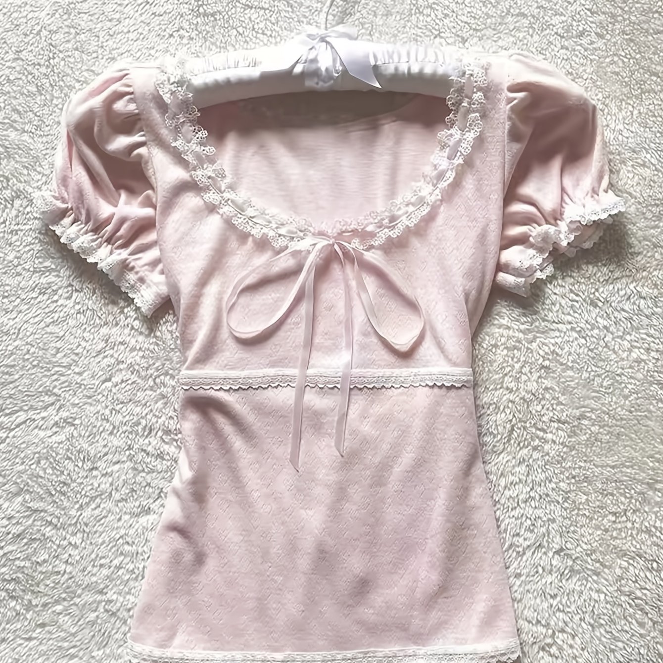 TEMU In-stock Lace Trim Round Neck Short Sleeve T-shirt For Women, Spring/ Design Slim -defining Slightly Stretch Base Layer Top, Unique Tie Detail