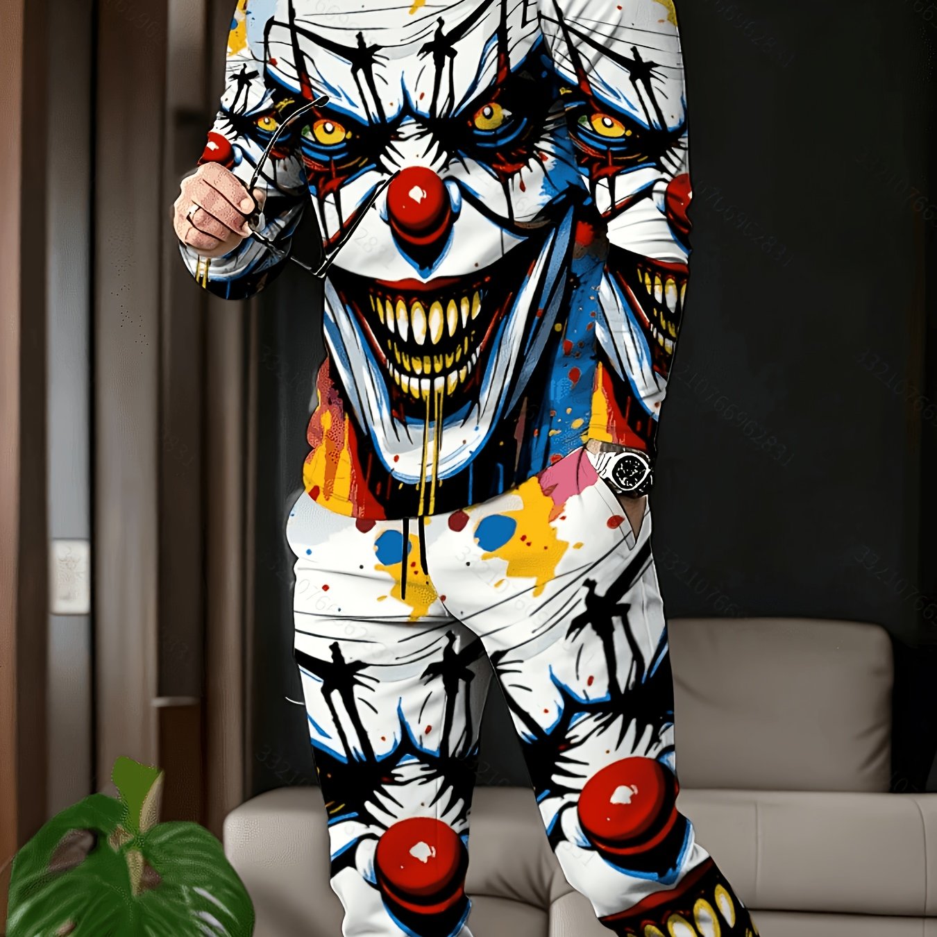 TEMU Halloween Costume Clown Print Men's Athletic Set, Fashionable Long Sleeve And Long Pants Wear Two-piece Set